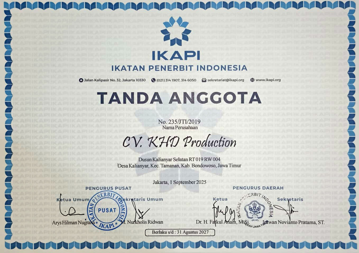 Sertifikat IKAPI KHD Production